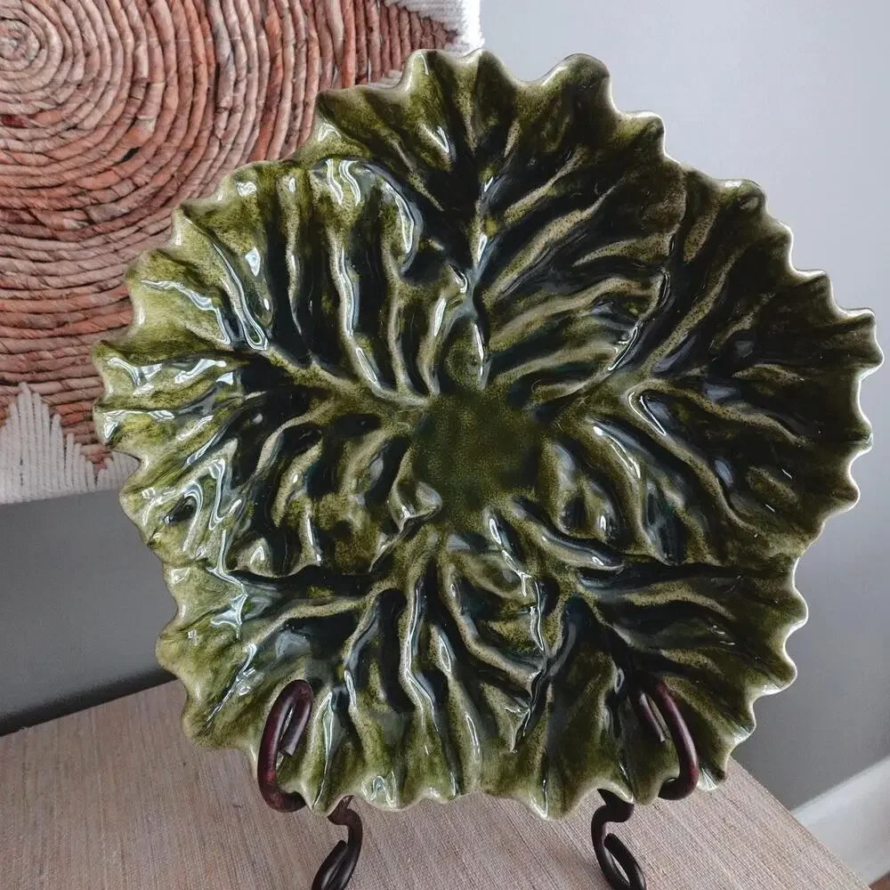 Vintage 1990s Pottery Barn Green Majolica Cabbageware Plate (15